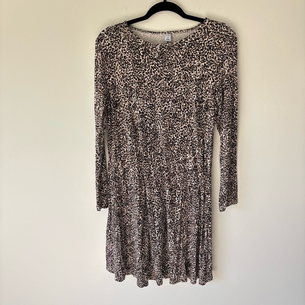 Old Navy Long Sleeve Mini Dress Cheetah Print Flowy Jersey Knit Flouncy Brown